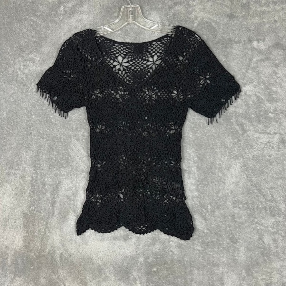 Y2K Crochet Knit Top Womens S Scalloped Lace Beaded Whimsigoth Witchy Fairy